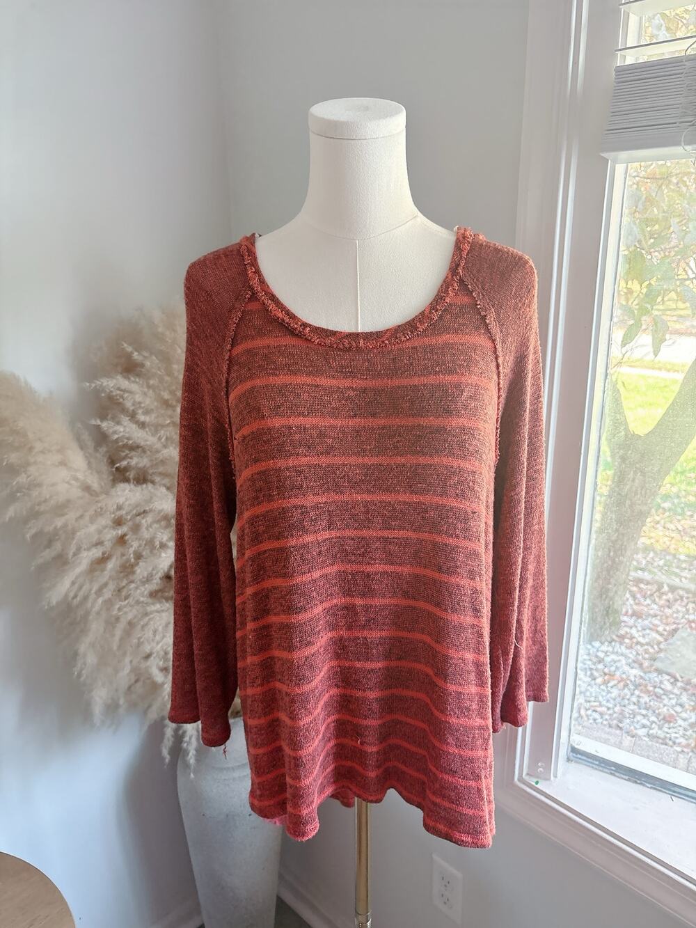 Free People Stripe Sweater Size Medium Boatneck Raw Edge Raglan Drop Sleeve